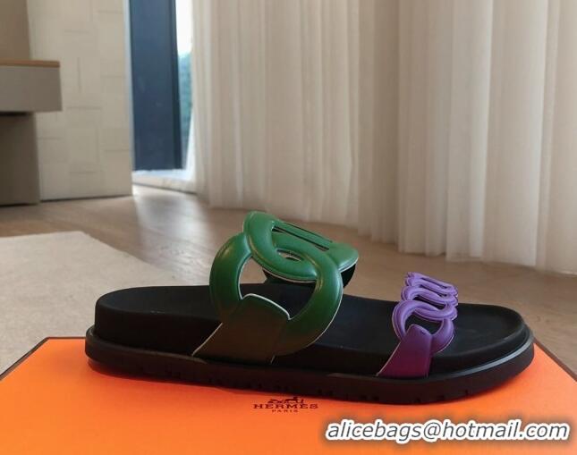 Popular Style Hermes Extra Chain Flat Slide Sandals in Bicolor Calfskin Green/Purple 815016