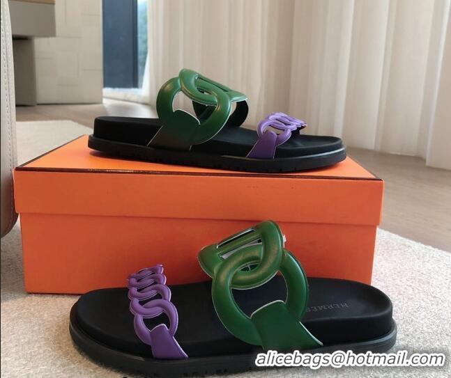 Popular Style Hermes Extra Chain Flat Slide Sandals in Bicolor Calfskin Green/Purple 815016