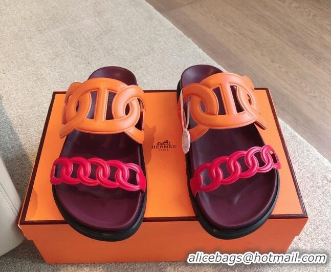 Pretty Style Hermes Extra Chain Flat Slide Sandals in Bicolor Calfskin Pink/Orange 815017