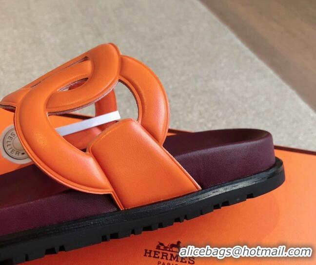 Pretty Style Hermes Extra Chain Flat Slide Sandals in Bicolor Calfskin Pink/Orange 815017