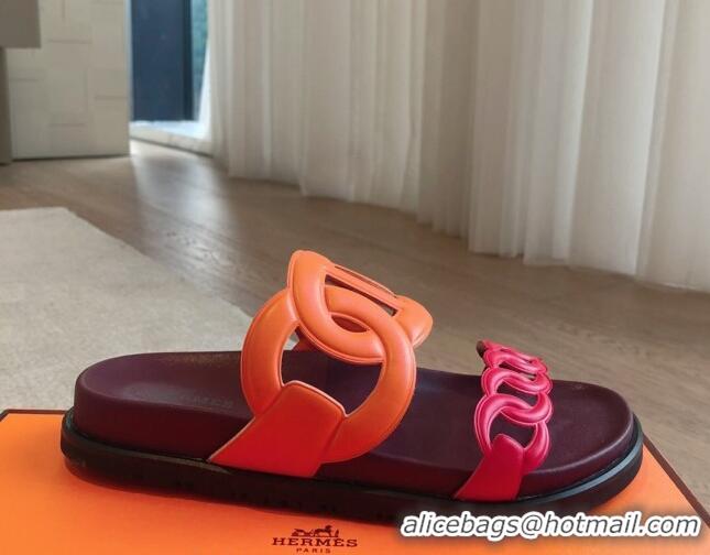 Pretty Style Hermes Extra Chain Flat Slide Sandals in Bicolor Calfskin Pink/Orange 815017