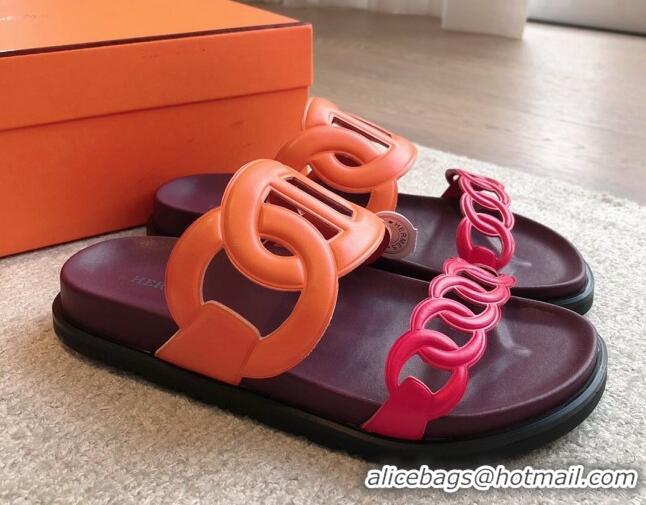 Pretty Style Hermes Extra Chain Flat Slide Sandals in Bicolor Calfskin Pink/Orange 815017