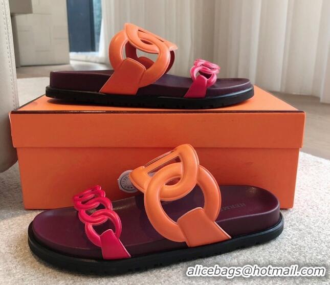 Pretty Style Hermes Extra Chain Flat Slide Sandals in Bicolor Calfskin Pink/Orange 815017