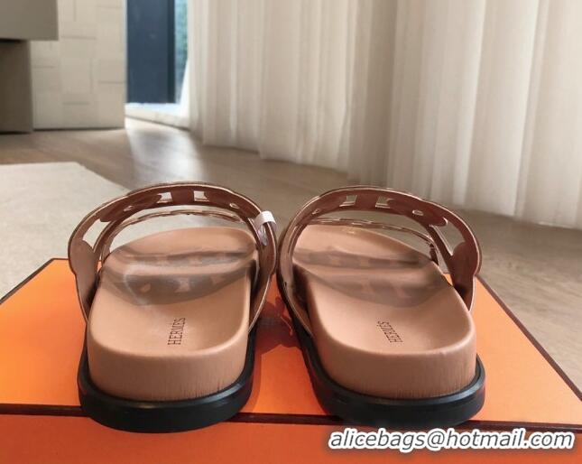 Top Grade Hermes Extra Chain Flat Slide Sandals in Calfskin Leather Dark Beige 815018