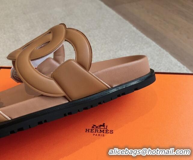 Top Grade Hermes Extra Chain Flat Slide Sandals in Calfskin Leather Dark Beige 815018