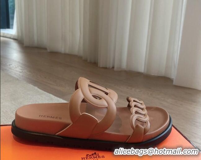 Top Grade Hermes Extra Chain Flat Slide Sandals in Calfskin Leather Dark Beige 815018