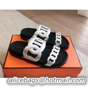 Buy Luxury Hermes Extra Chain Flat Slide Sandals in Calfskin Leather Silver 815019