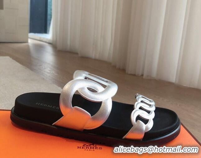 Buy Luxury Hermes Extra Chain Flat Slide Sandals in Calfskin Leather Silver 815019