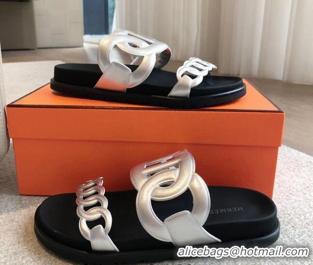 Buy Luxury Hermes Extra Chain Flat Slide Sandals in Calfskin Leather Silver 815019