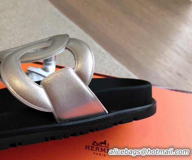 Buy Luxury Hermes Extra Chain Flat Slide Sandals in Calfskin Leather Silver 815019