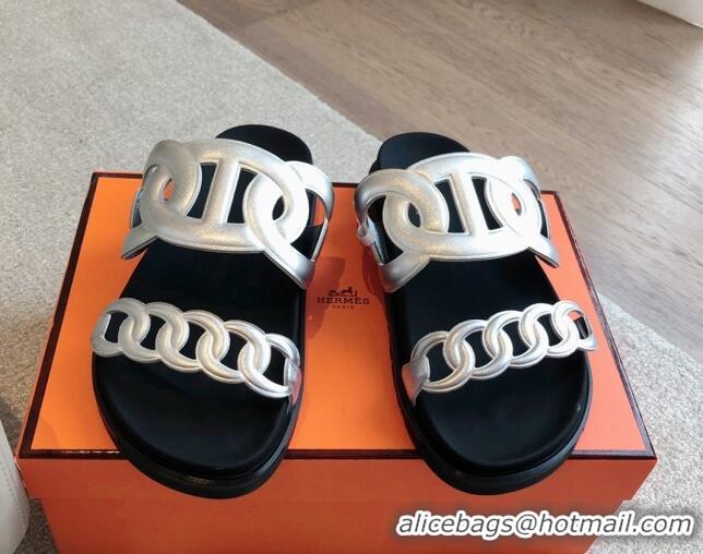 Buy Luxury Hermes Extra Chain Flat Slide Sandals in Calfskin Leather Silver 815019