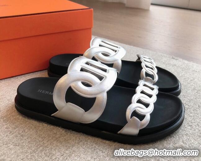 Buy Luxury Hermes Extra Chain Flat Slide Sandals in Calfskin Leather Silver 815019