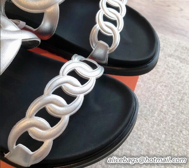 Buy Luxury Hermes Extra Chain Flat Slide Sandals in Calfskin Leather Silver 815019