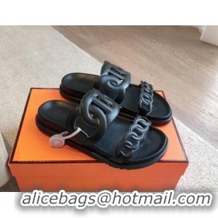 Good Looking Hermes Extra Chain Flat Slide Sandals in Calfskin Leather All Black 815020