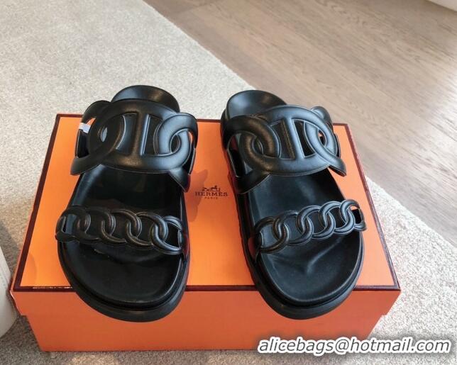 Good Looking Hermes Extra Chain Flat Slide Sandals in Calfskin Leather All Black 815020