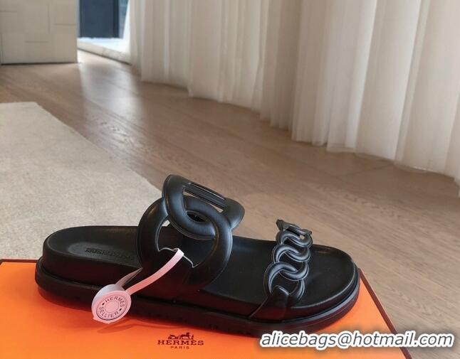 Good Looking Hermes Extra Chain Flat Slide Sandals in Calfskin Leather All Black 815020