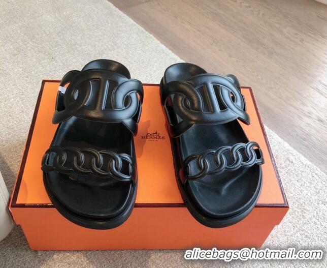 Good Looking Hermes Extra Chain Flat Slide Sandals in Calfskin Leather All Black 815020