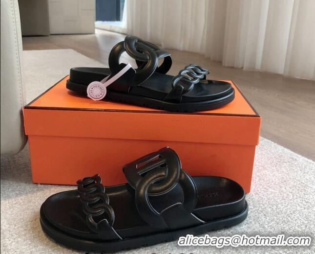 Good Looking Hermes Extra Chain Flat Slide Sandals in Calfskin Leather All Black 815020