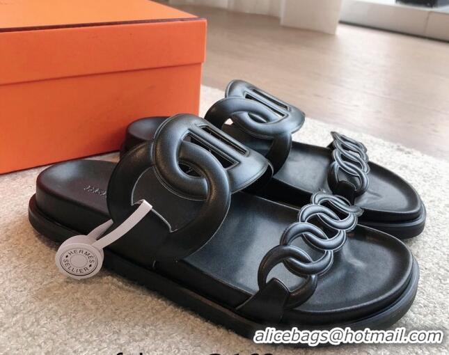 Good Looking Hermes Extra Chain Flat Slide Sandals in Calfskin Leather All Black 815020