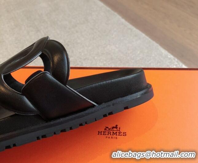 Good Looking Hermes Extra Chain Flat Slide Sandals in Calfskin Leather All Black 815020