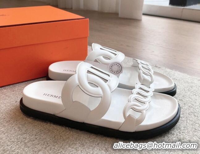 Best Product Hermes Extra Chain Flat Slide Sandals in Calfskin Leather White Upper 815021