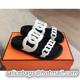 Top Design Hermes Extra Chain Flat Slide Sandals in Calfskin Leather White/Black 815022