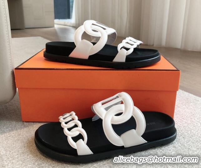 Top Design Hermes Extra Chain Flat Slide Sandals in Calfskin Leather White/Black 815022