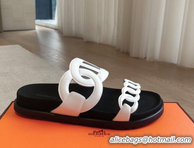 Top Design Hermes Extra Chain Flat Slide Sandals in Calfskin Leather White/Black 815022