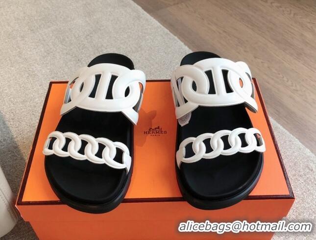 Top Design Hermes Extra Chain Flat Slide Sandals in Calfskin Leather White/Black 815022