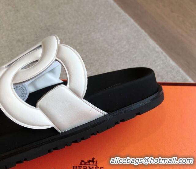 Top Design Hermes Extra Chain Flat Slide Sandals in Calfskin Leather White/Black 815022