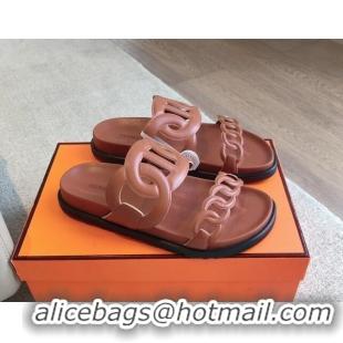 Shop Duplicate Hermes Extra Chain Flat Slide Sandals in Calfskin Leather Brown 815023