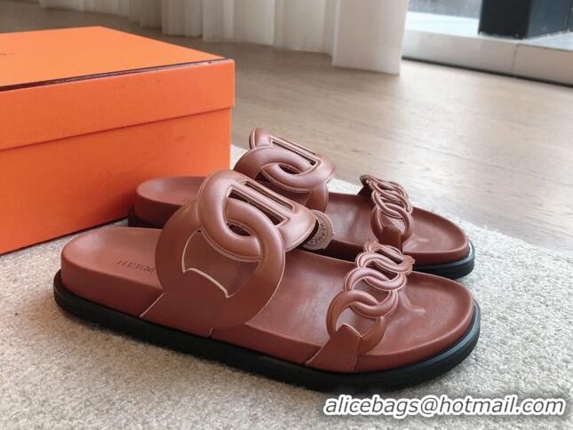 Shop Duplicate Hermes Extra Chain Flat Slide Sandals in Calfskin Leather Brown 815023