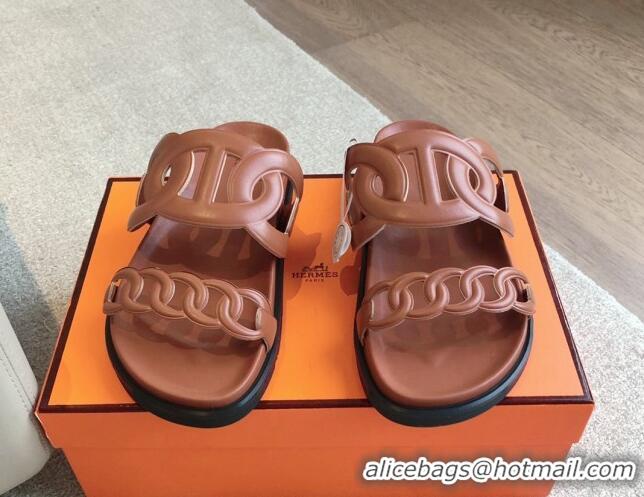 Shop Duplicate Hermes Extra Chain Flat Slide Sandals in Calfskin Leather Brown 815023