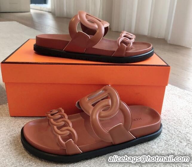 Shop Duplicate Hermes Extra Chain Flat Slide Sandals in Calfskin Leather Brown 815023