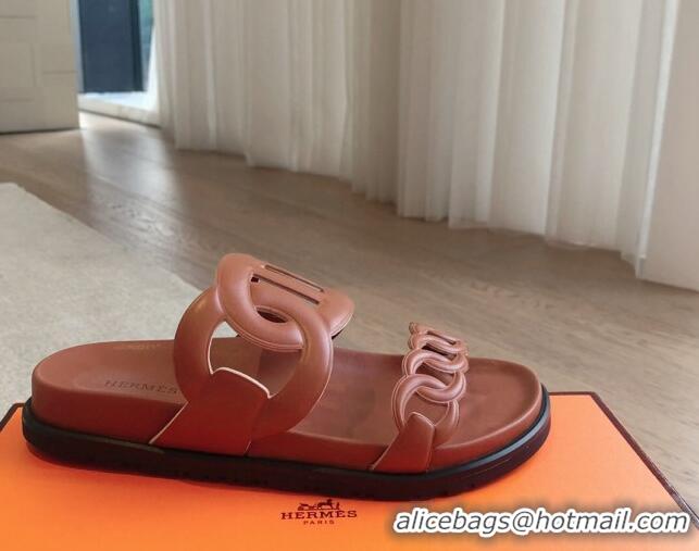 Shop Duplicate Hermes Extra Chain Flat Slide Sandals in Calfskin Leather Brown 815023