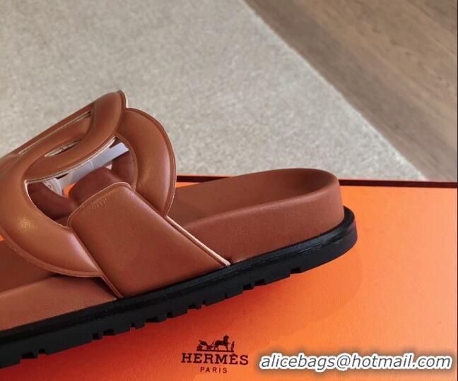 Shop Duplicate Hermes Extra Chain Flat Slide Sandals in Calfskin Leather Brown 815023