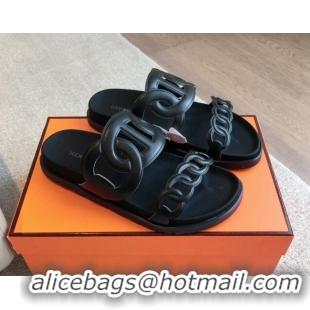 Big Discount Hermes Extra Chain Flat Slide Sandals in Calfskin Leather Black/Grey Logo 815024