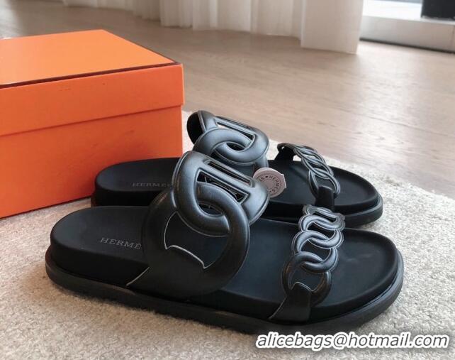 Big Discount Hermes Extra Chain Flat Slide Sandals in Calfskin Leather Black/Grey Logo 815024