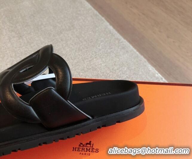 Big Discount Hermes Extra Chain Flat Slide Sandals in Calfskin Leather Black/Grey Logo 815024