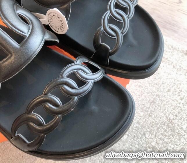 Big Discount Hermes Extra Chain Flat Slide Sandals in Calfskin Leather Black/Grey Logo 815024