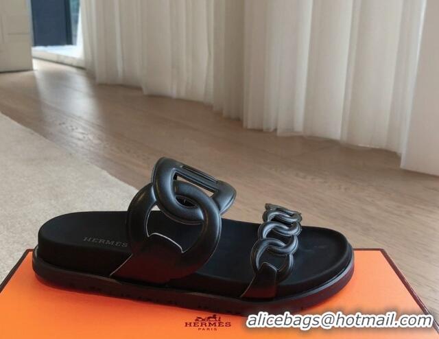 Big Discount Hermes Extra Chain Flat Slide Sandals in Calfskin Leather Black/Grey Logo 815024