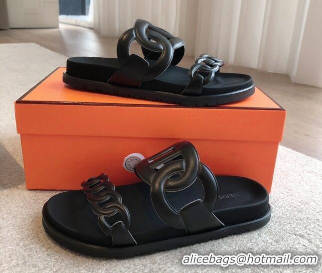 Big Discount Hermes Extra Chain Flat Slide Sandals in Calfskin Leather Black/Grey Logo 815024