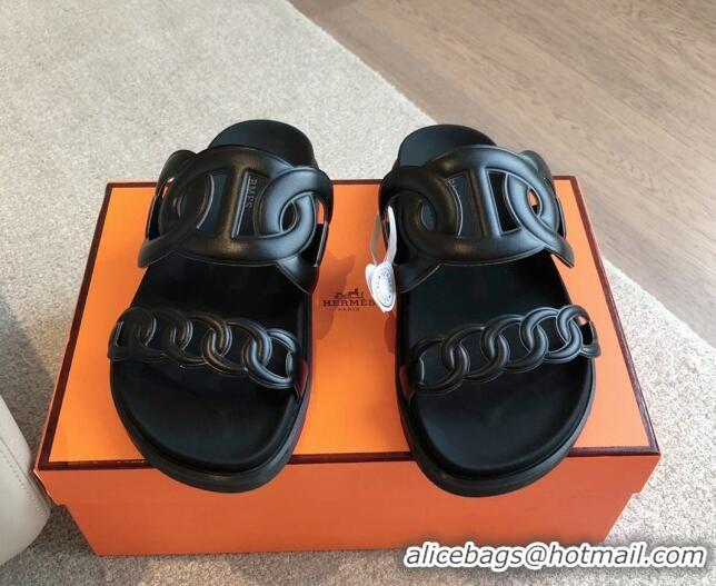 Big Discount Hermes Extra Chain Flat Slide Sandals in Calfskin Leather Black/Grey Logo 815024