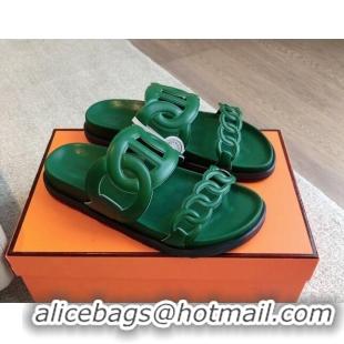 Grade Quality Hermes Extra Chain Flat Slide Sandals in Calfskin Leather Deep Green 815025