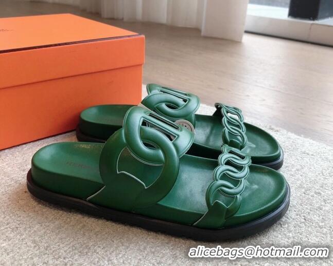 Grade Quality Hermes Extra Chain Flat Slide Sandals in Calfskin Leather Deep Green 815025