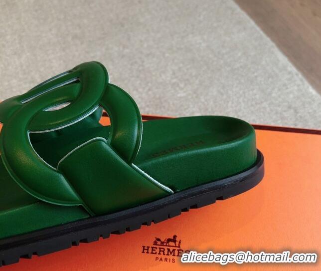 Grade Quality Hermes Extra Chain Flat Slide Sandals in Calfskin Leather Deep Green 815025