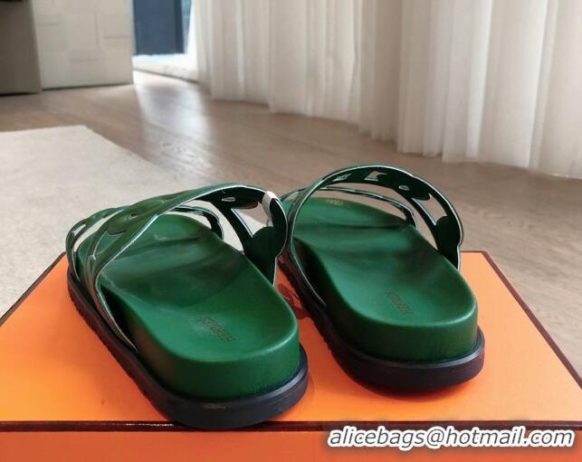 Grade Quality Hermes Extra Chain Flat Slide Sandals in Calfskin Leather Deep Green 815025