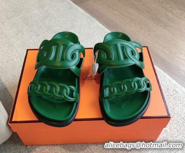 Grade Quality Hermes Extra Chain Flat Slide Sandals in Calfskin Leather Deep Green 815025