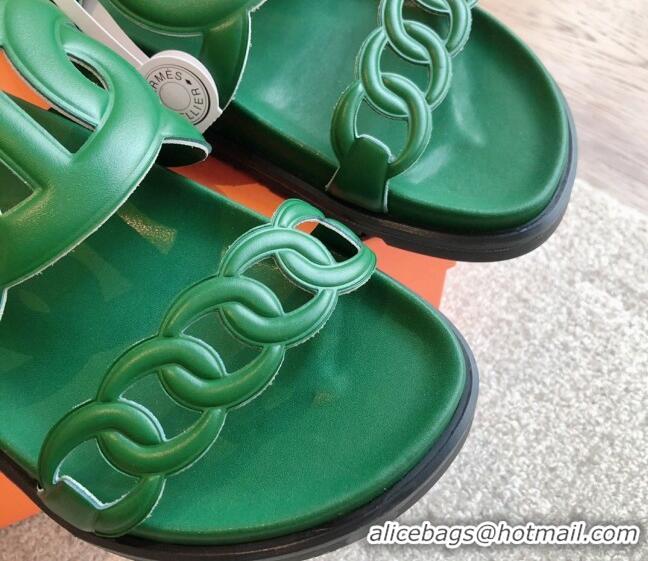 Grade Quality Hermes Extra Chain Flat Slide Sandals in Calfskin Leather Deep Green 815025