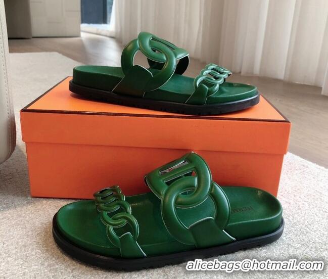 Grade Quality Hermes Extra Chain Flat Slide Sandals in Calfskin Leather Deep Green 815025